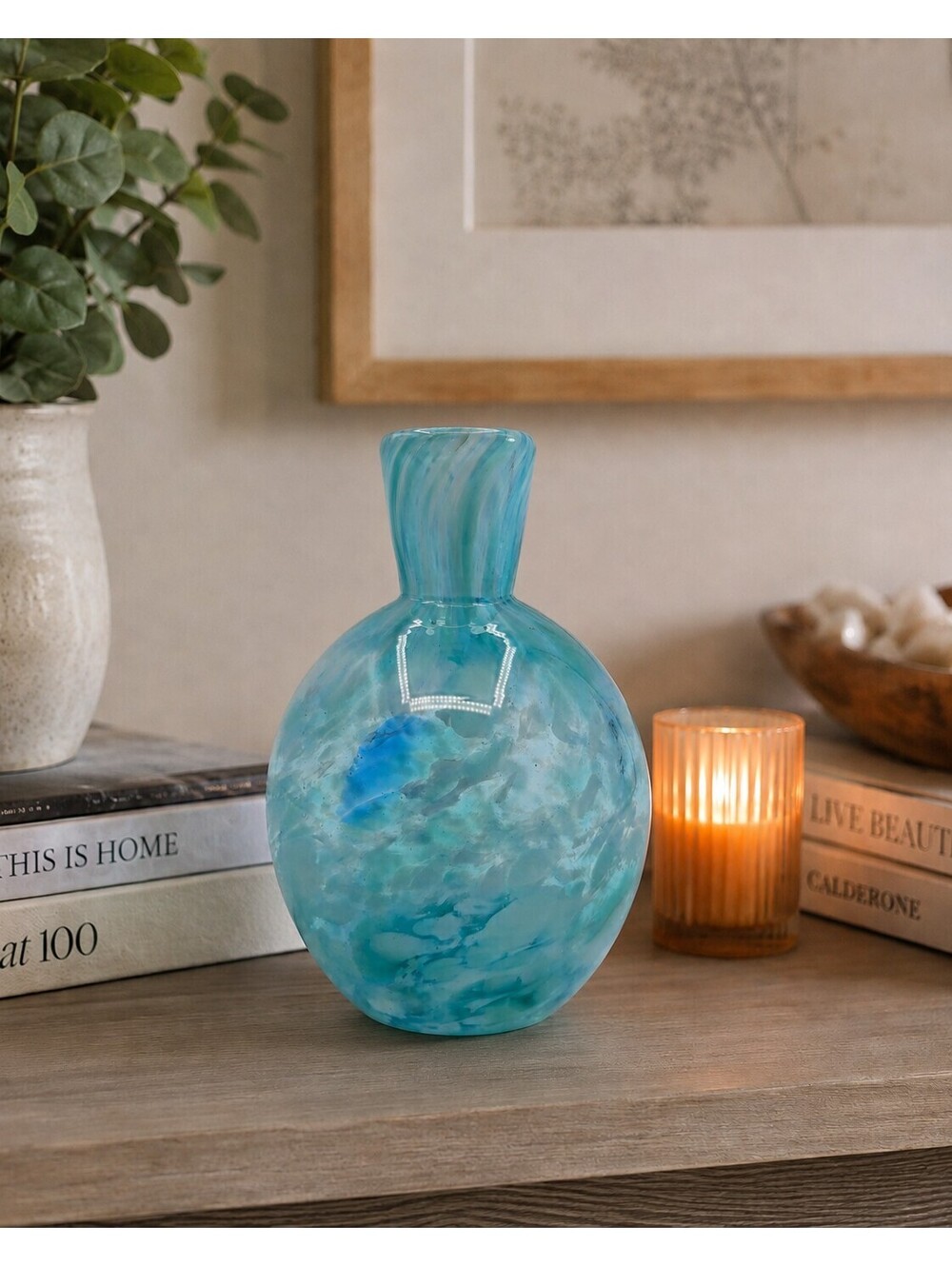Taryn Jayne Signed Hand Blown Art Glass Vase Aqua Blue White Studio Glass